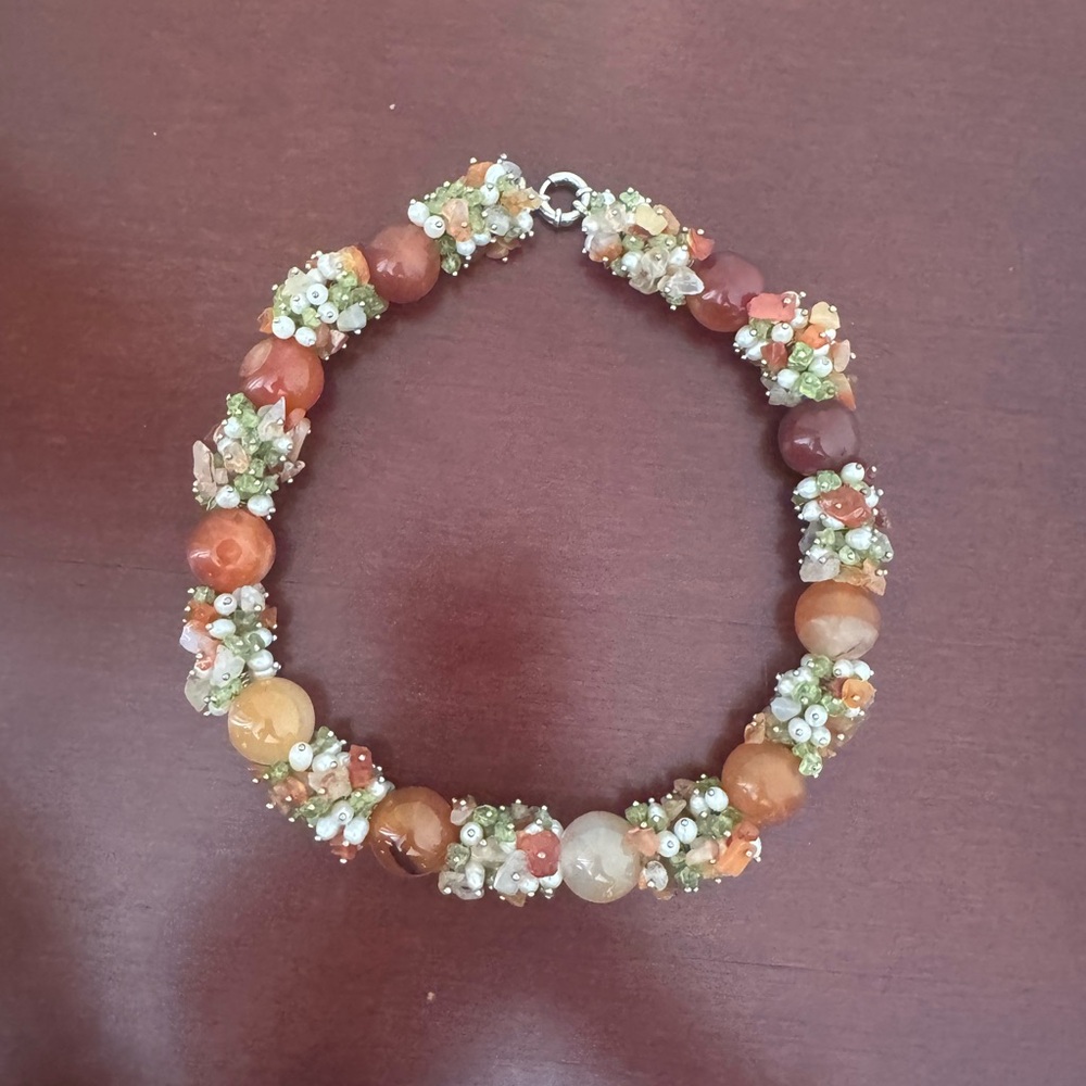 Handcrafted Multicolor Agate Beaded Bracelet — Orange & Green Accents